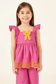 Girls Pink Schiffli Square Neck Cotton Top