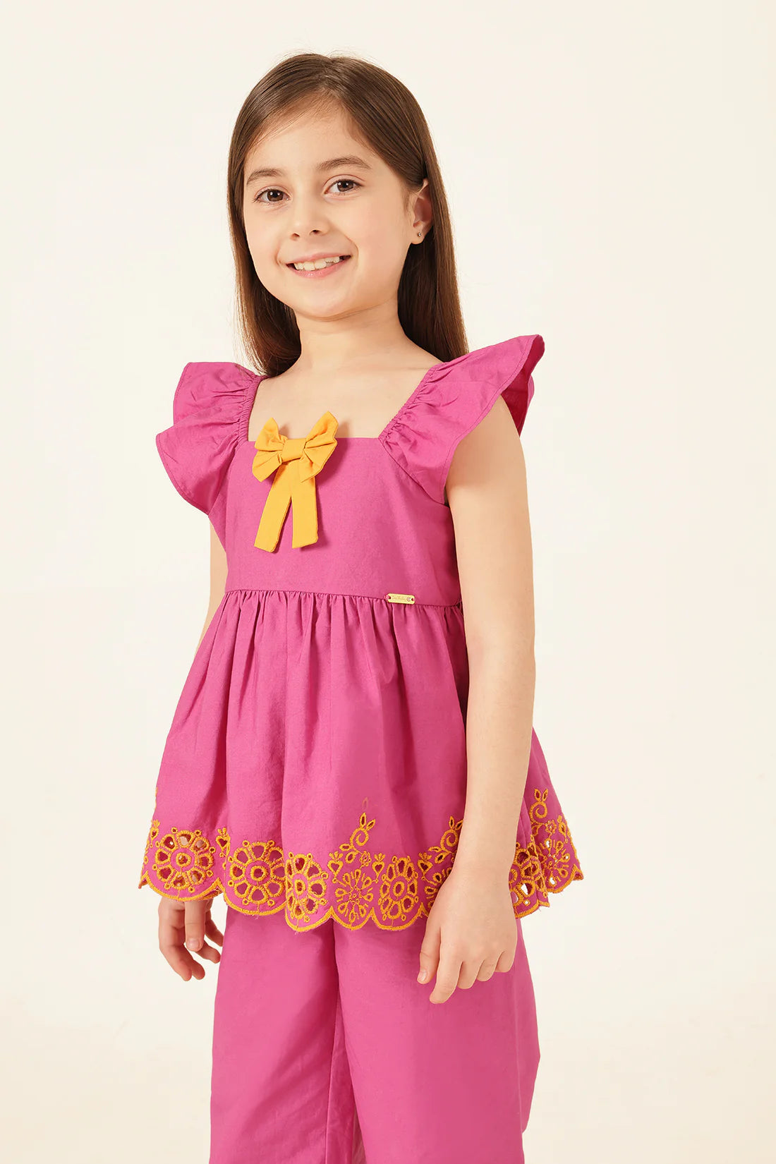 Girls Pink Schiffli Square Neck Cotton Top