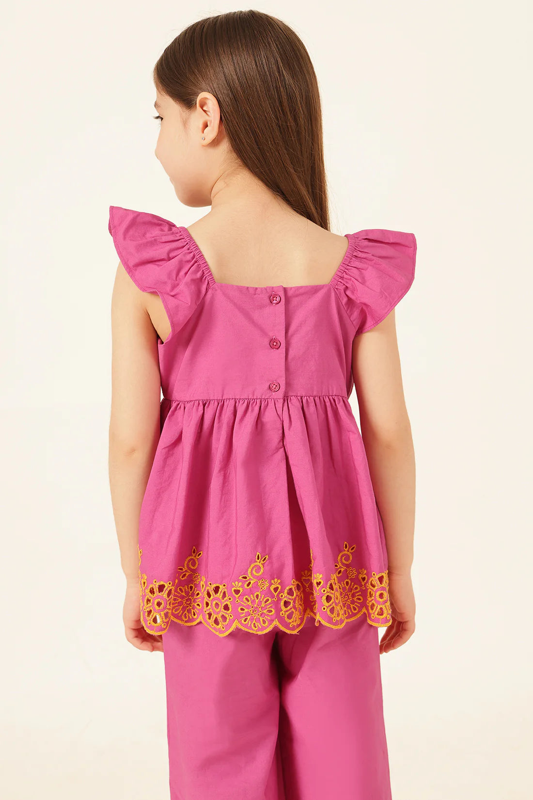 Girls Pink Schiffli Square Neck Cotton Top