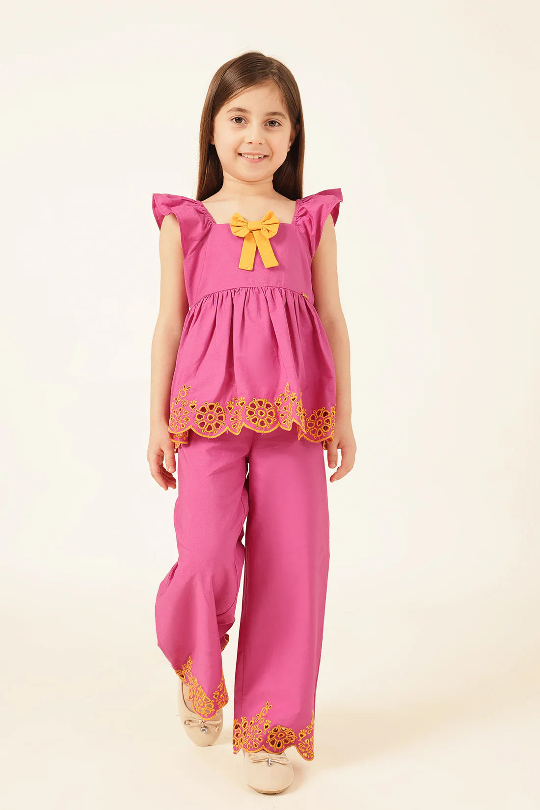 Girls Pink Schiffli Square Neck Cotton Top