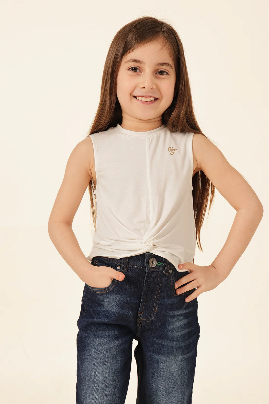 Girls Ivory Solid Print Casual T-Shirt