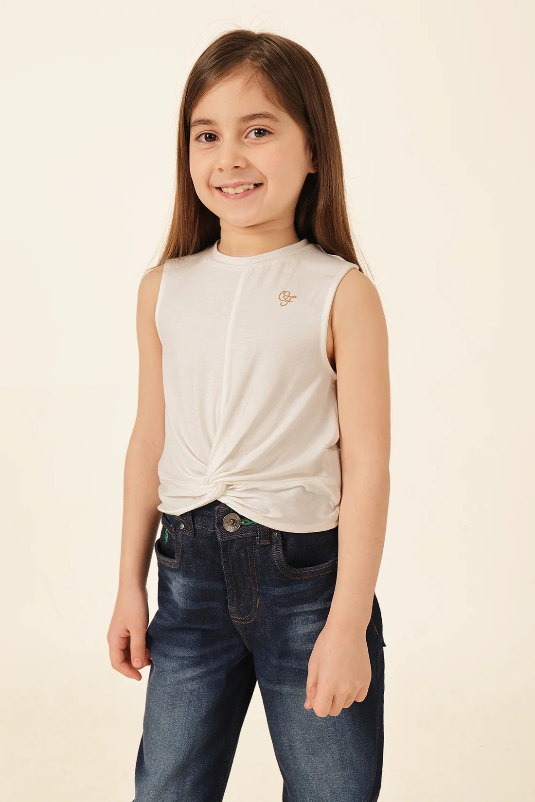 Girls Ivory Solid Print Casual T-Shirt