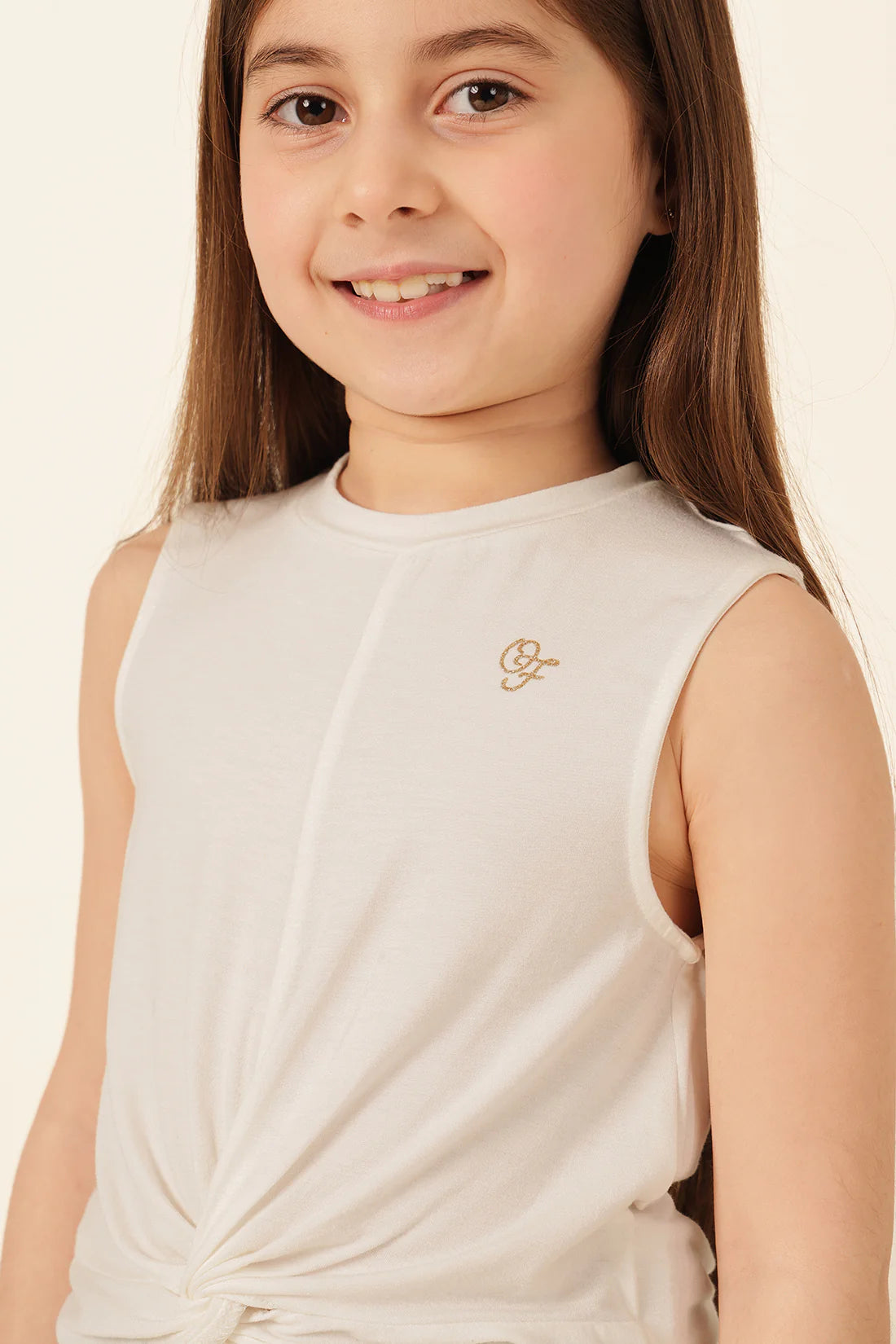 Girls Ivory Solid Print Casual T-Shirt