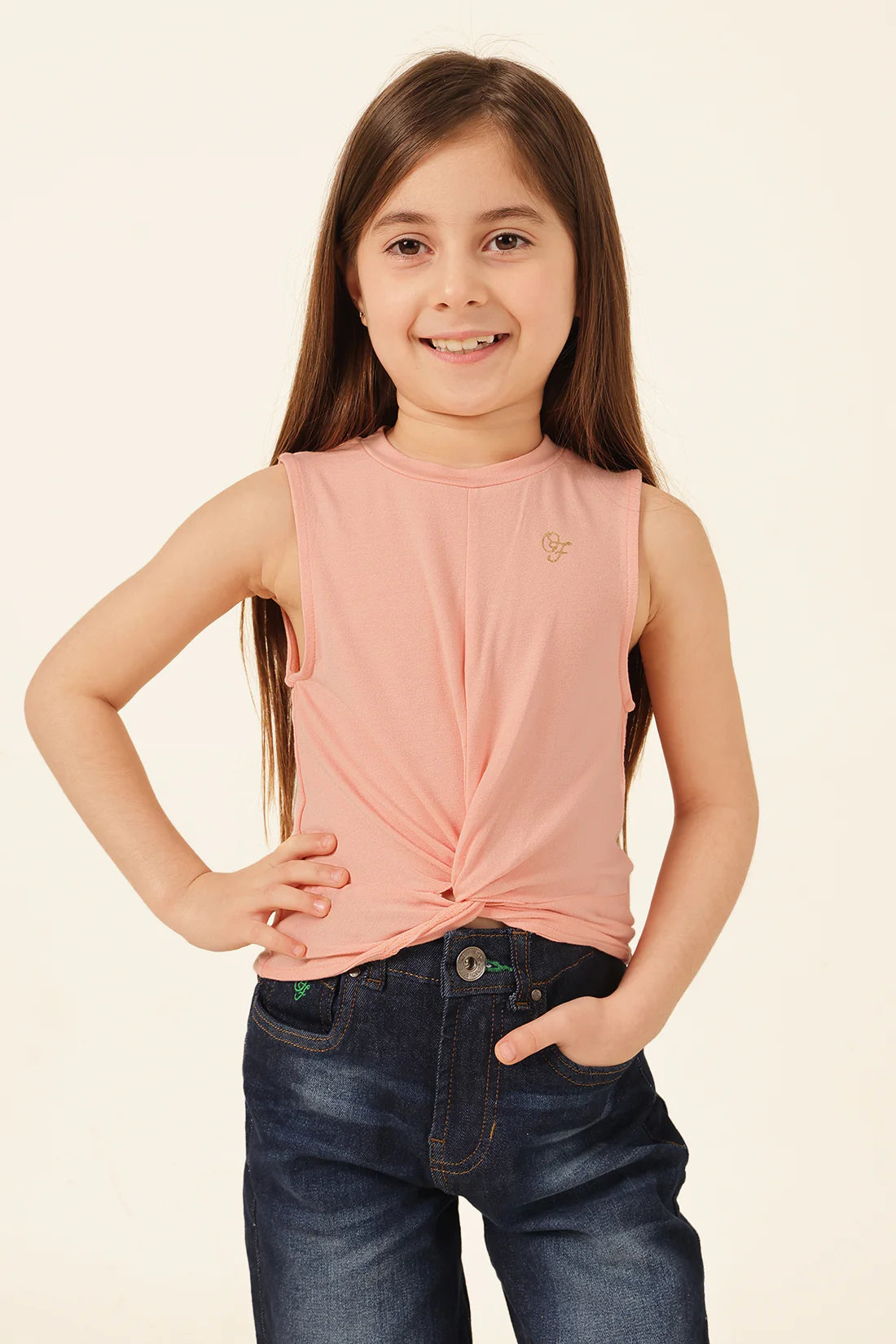 Girls Peach Printed Knit T-Shirt