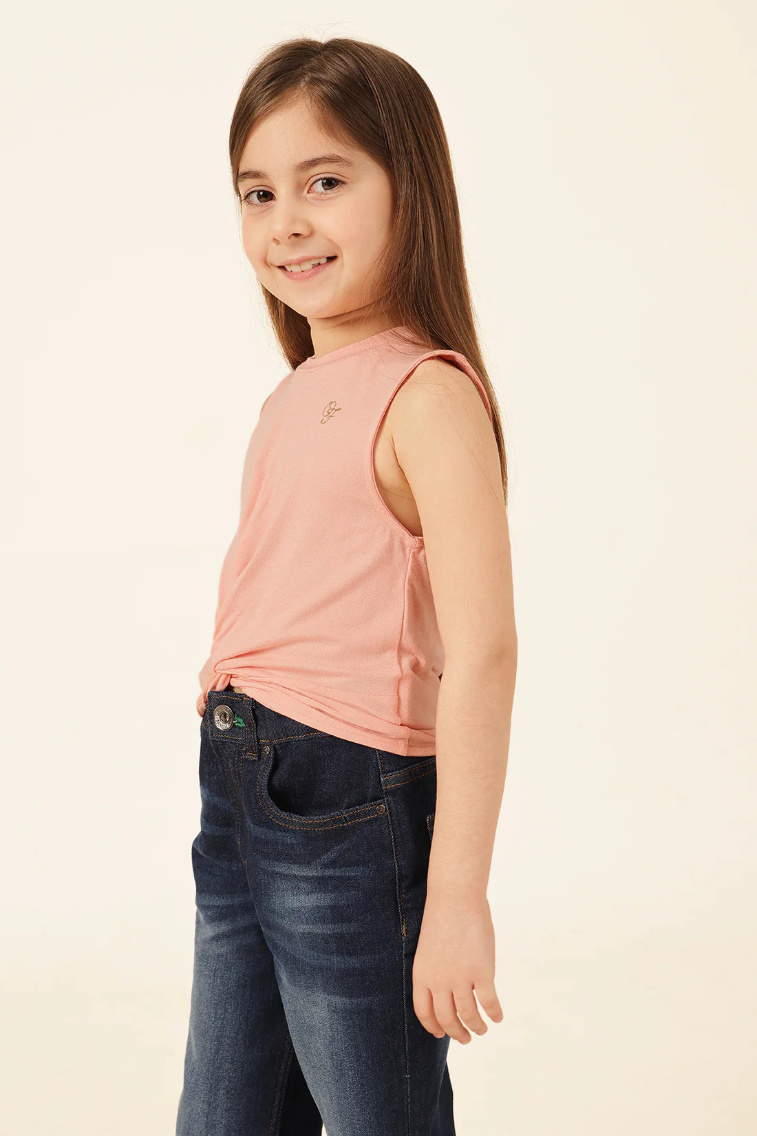 Girls Peach Printed Knit T-Shirt