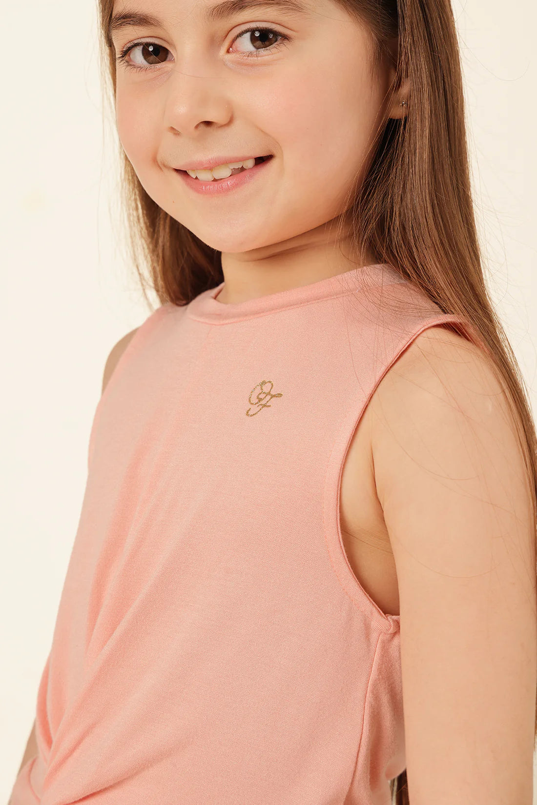 Girls Peach Printed Knit T-Shirt
