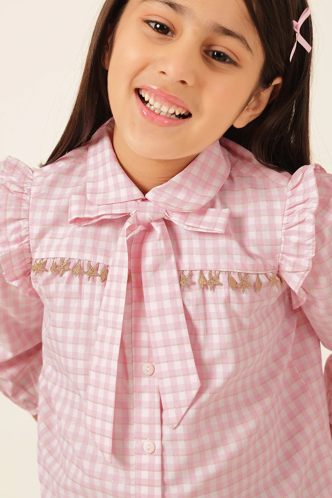 Girls Pink Check Lurex Woven Top