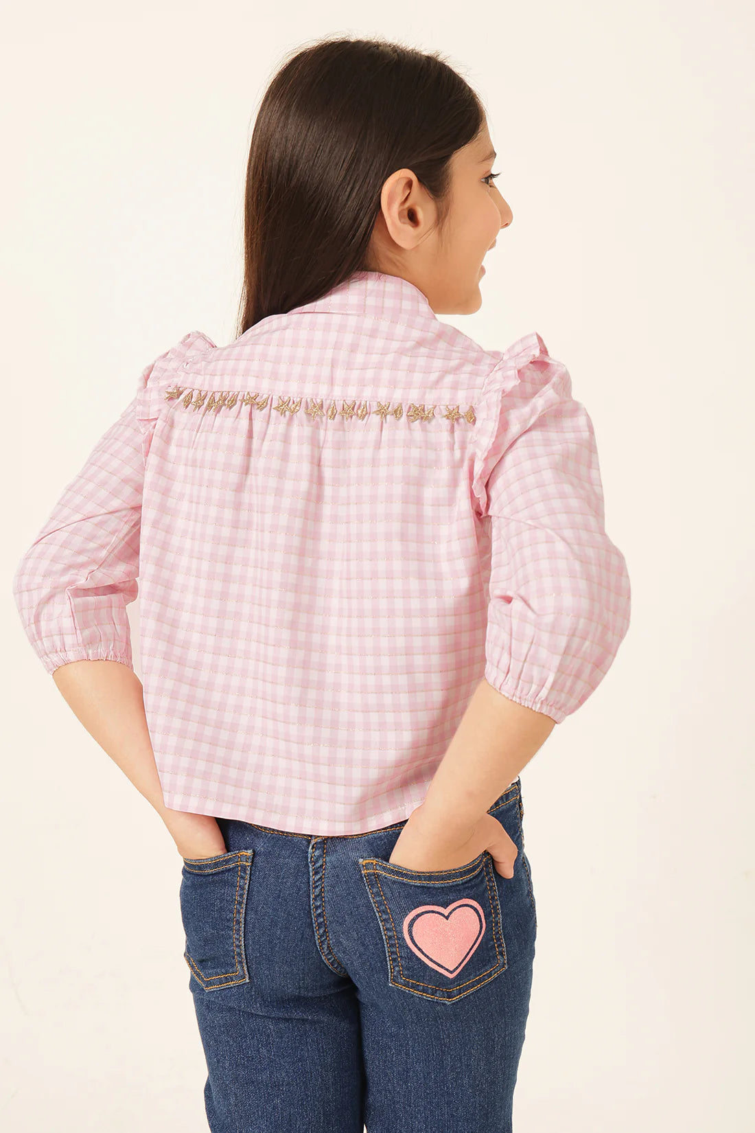 Girls Pink Check Lurex Woven Top