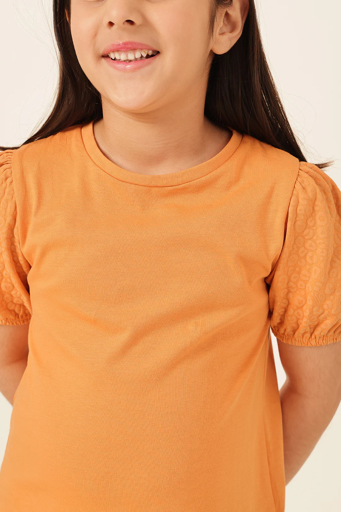 Girls Orange Printed Cotton Casual T-Shirt