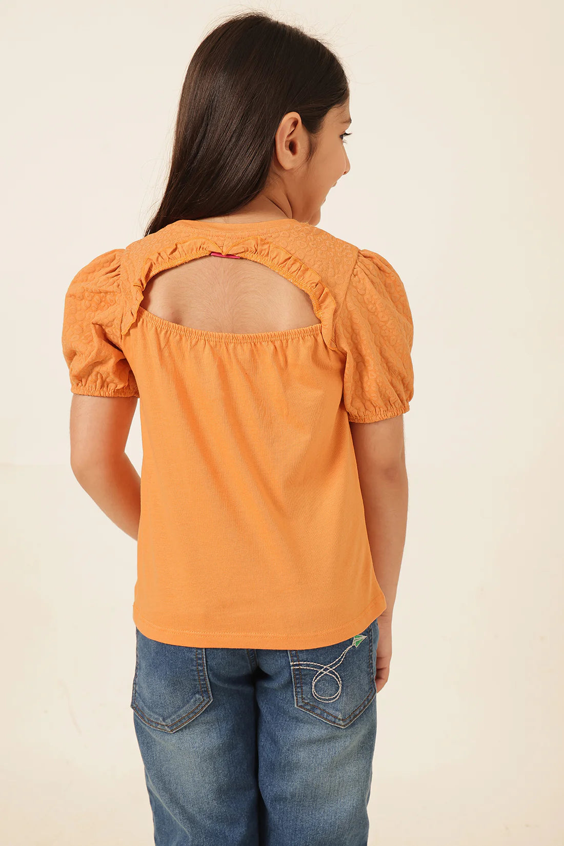 Girls Orange Printed Cotton Casual T-Shirt
