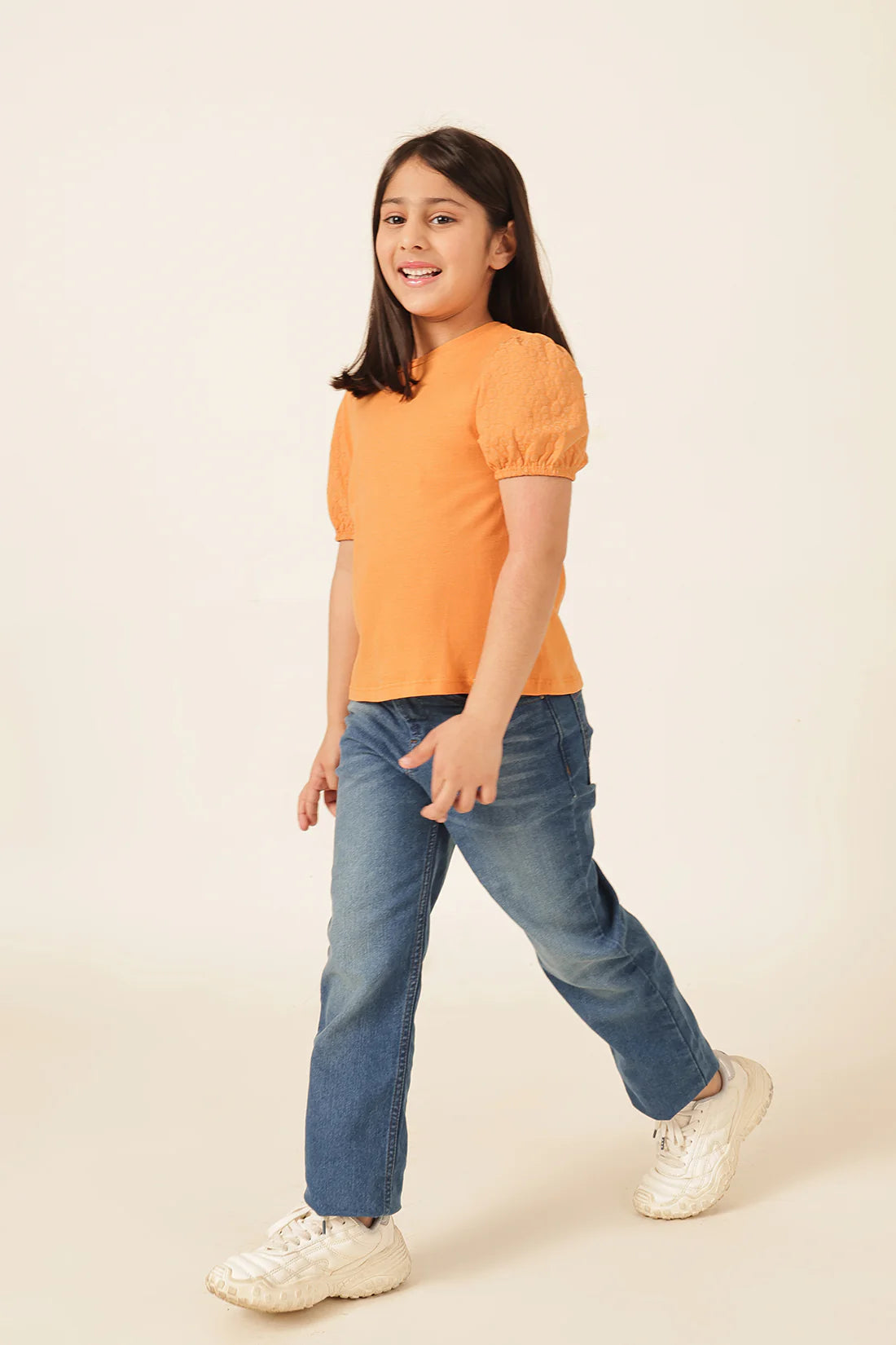 Girls Orange Printed Cotton Casual T-Shirt