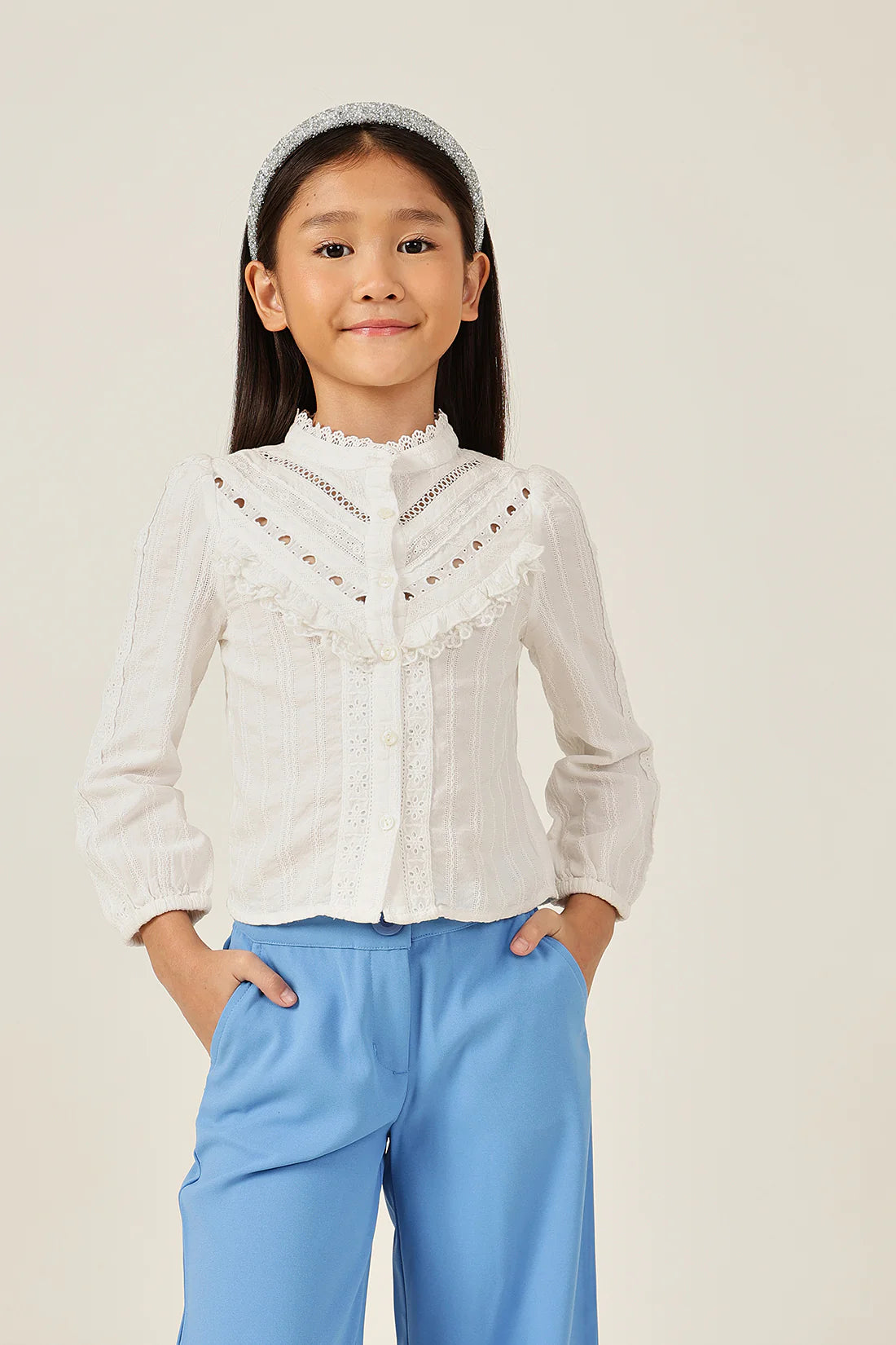Girls Off White Dobby Chinese Collar Cotton Top