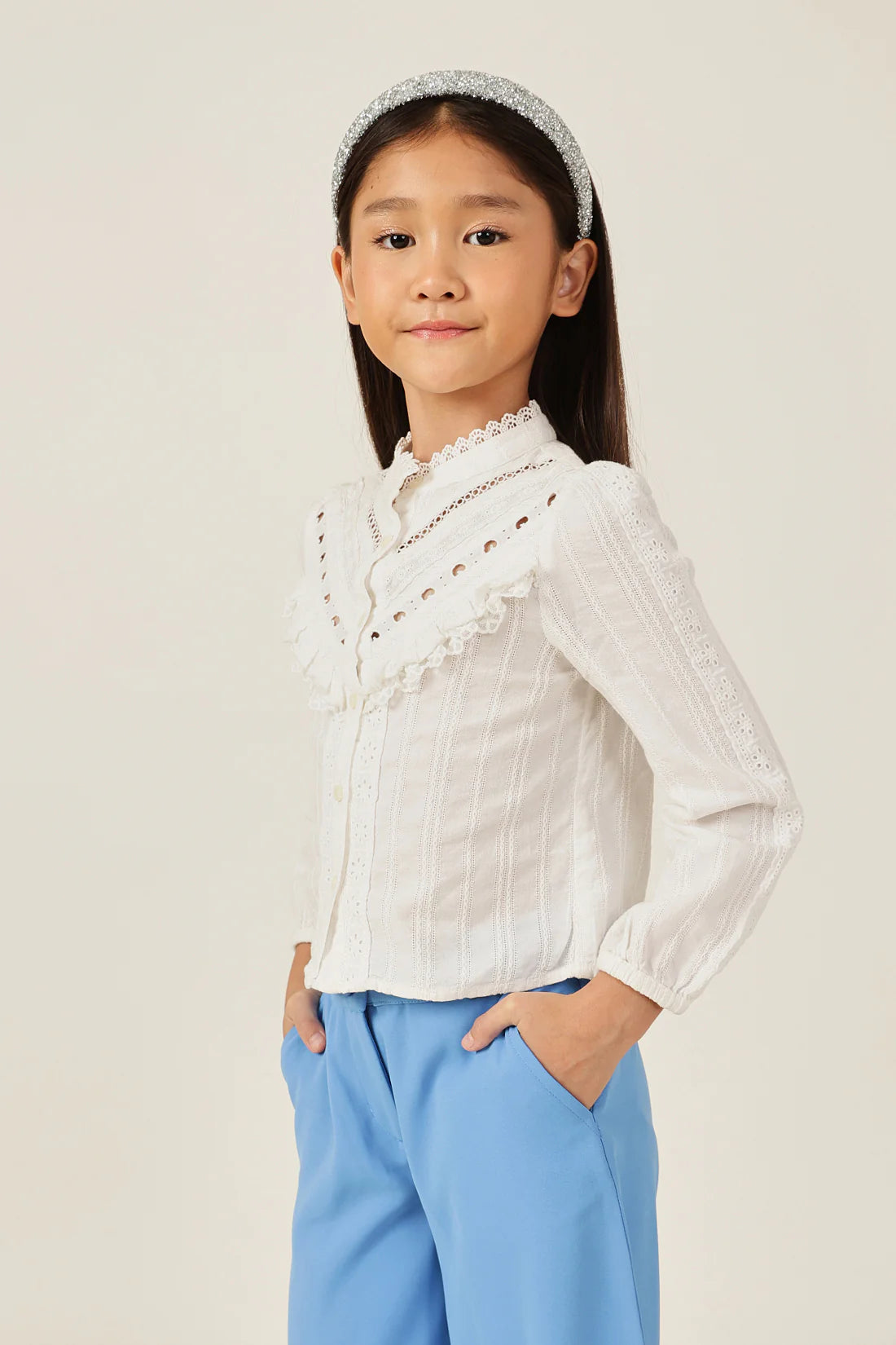 Girls Off White Dobby Chinese Collar Cotton Top