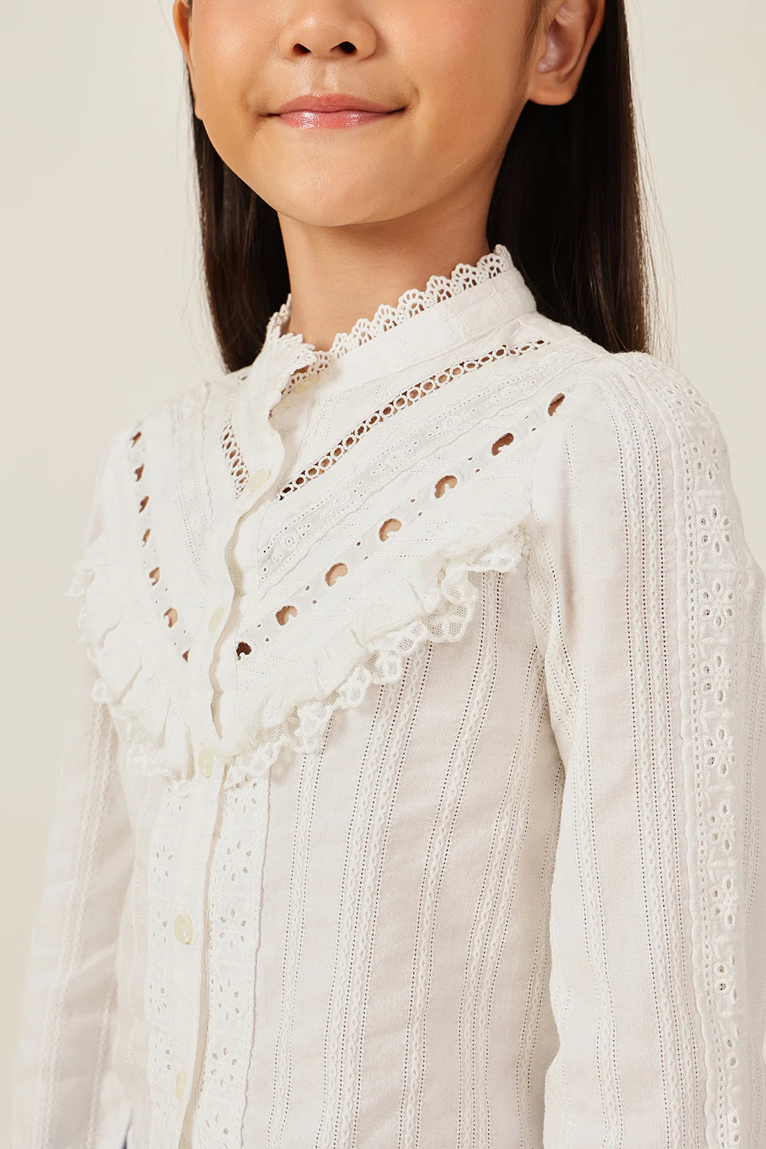 Girls Off White Dobby Chinese Collar Cotton Top