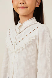 Girls Off White Dobby Chinese Collar Cotton Top