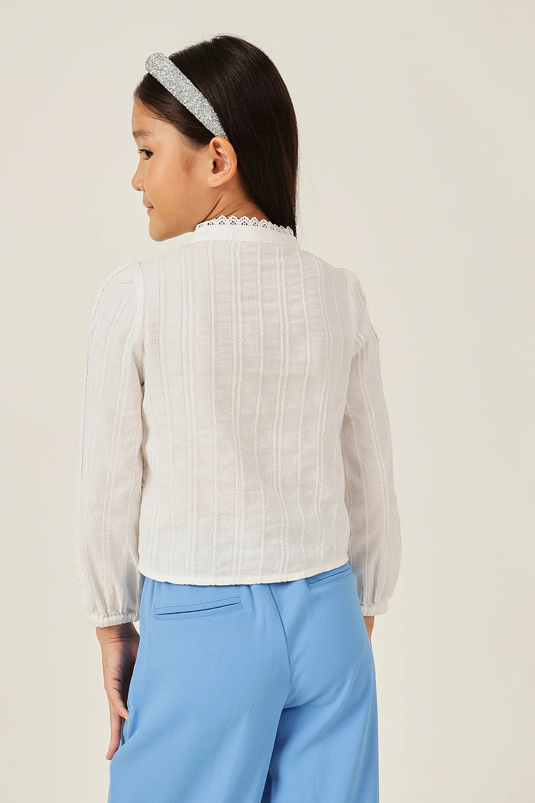 Girls Off White Dobby Chinese Collar Cotton Top