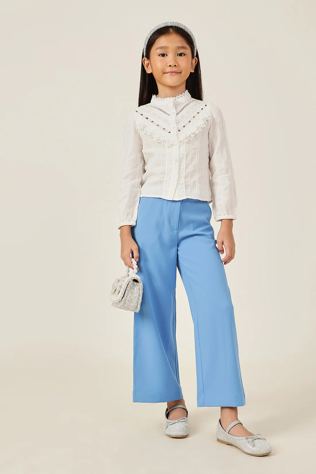 Girls Off White Dobby Chinese Collar Cotton Top