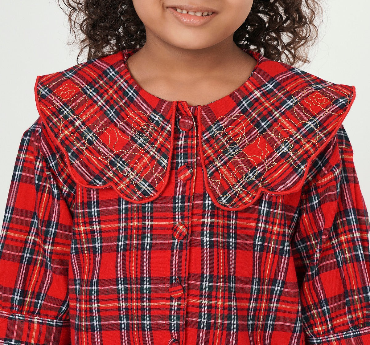 Check Plaid Top with Embroidery Collar Red