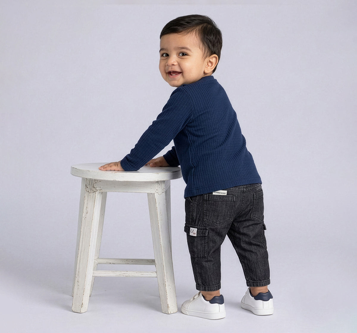 Infant Boys Blue Regular-Fit Textured Full-Sleeve Applique T-Shirt