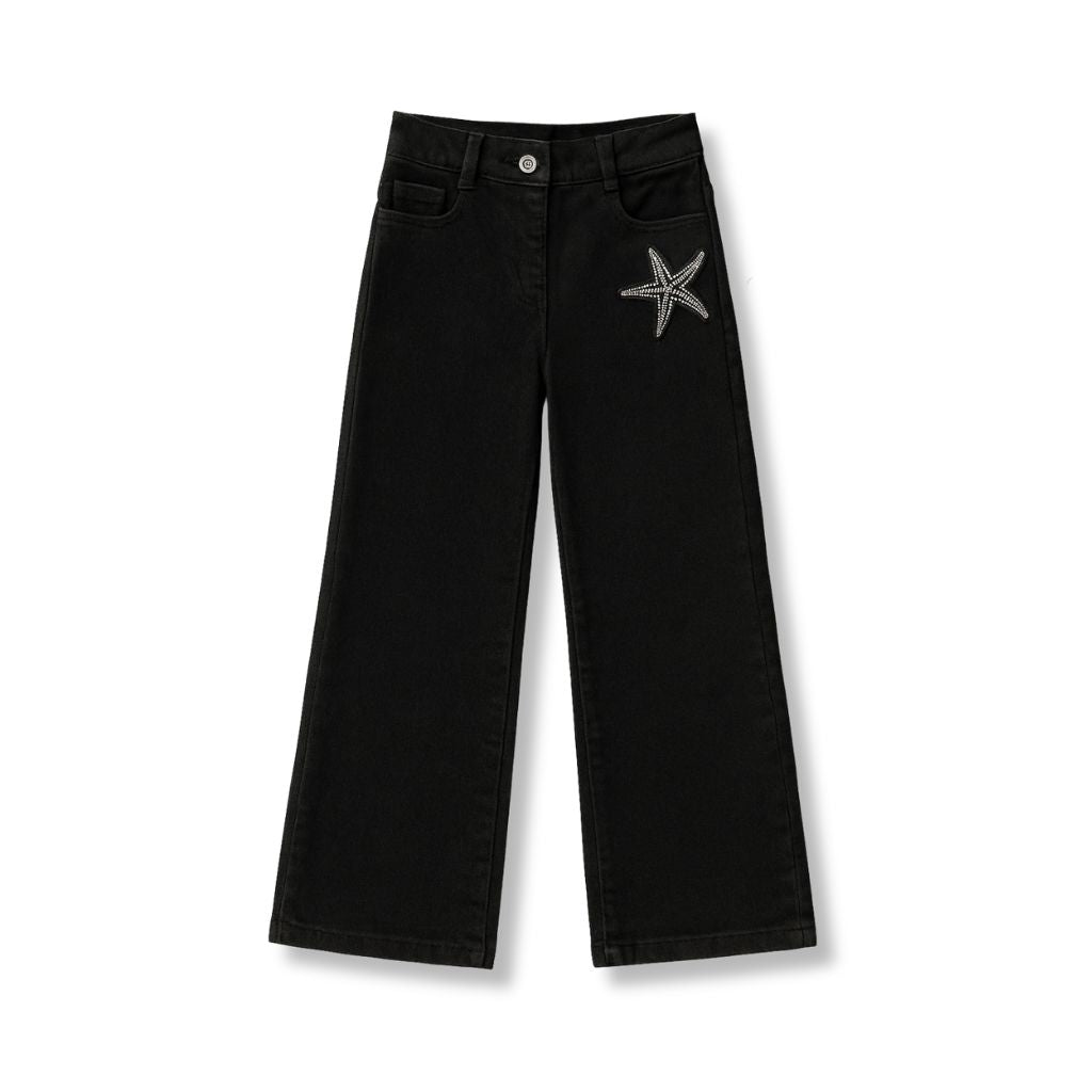 Girls Black Straight Fit Cotton Pants with Embellished Patch Detail