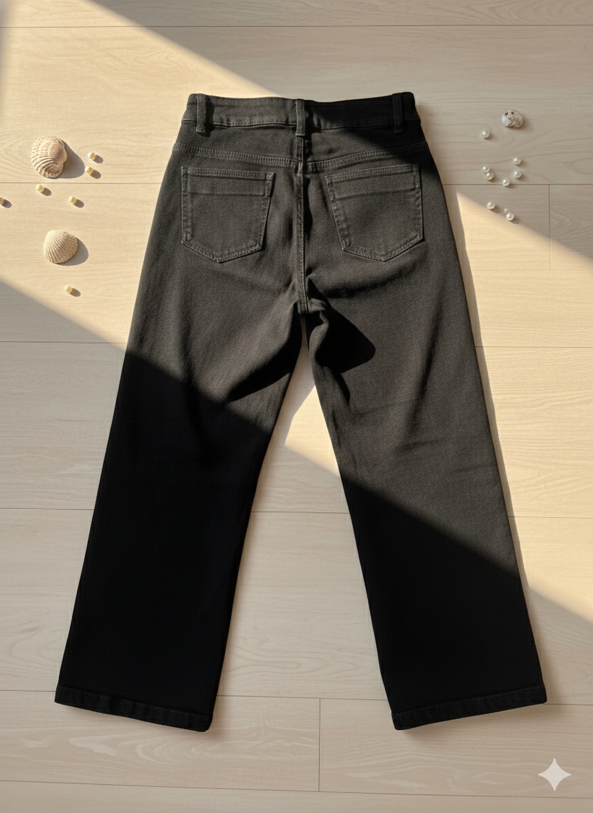 Girls Black Straight Fit Cotton Pants with Embellished Patch Detail