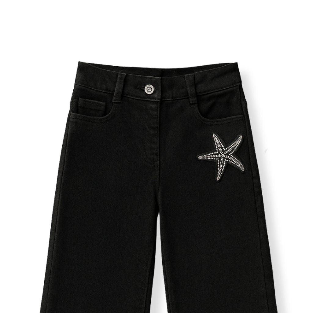 Girls Black Straight Fit Cotton Pants with Embellished Patch Detail
