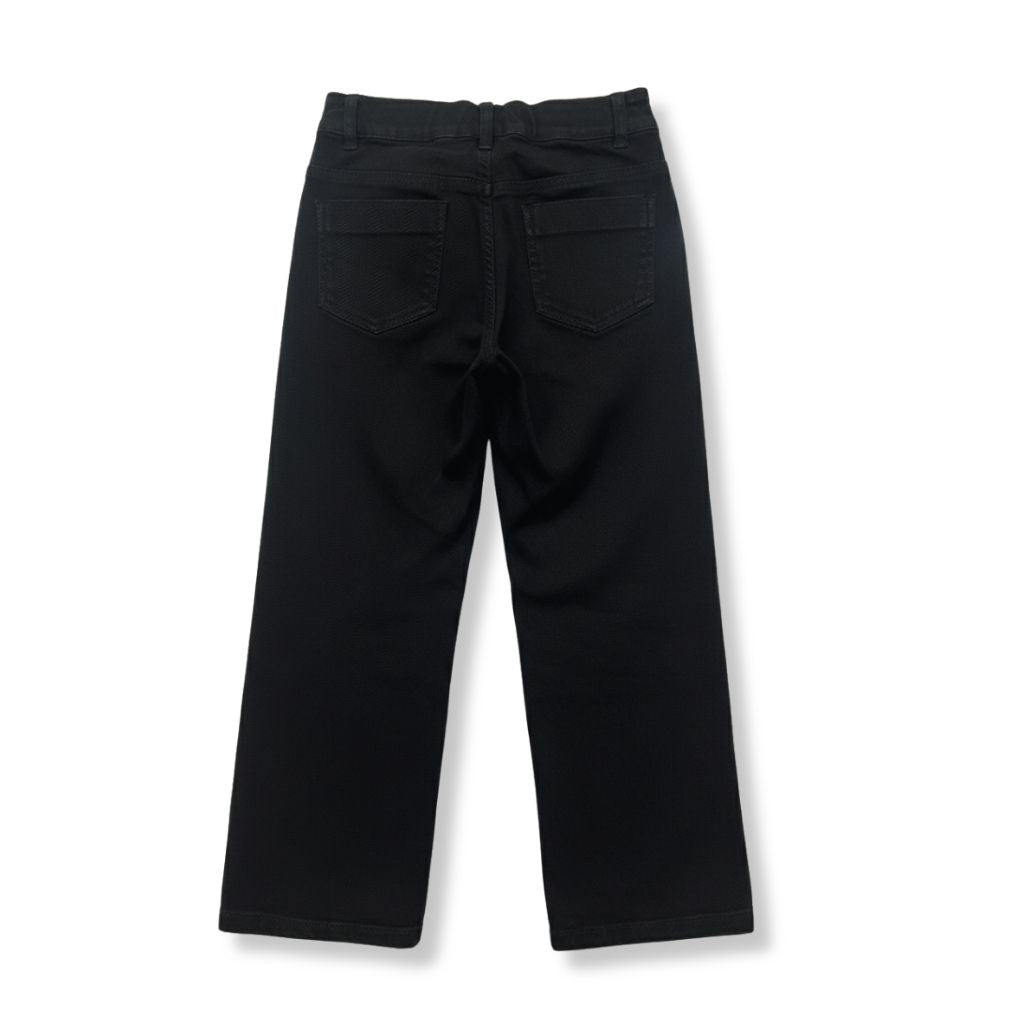 Girls Black Straight Fit Cotton Pants with Embellished Patch Detail