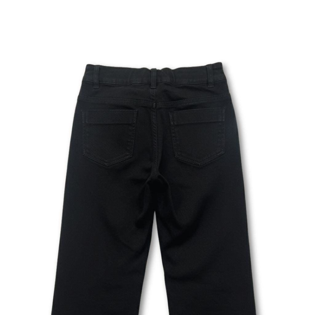 Girls Black Straight Fit Cotton Pants with Embellished Patch Detail