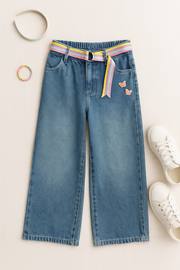 Girls Light Blue Butterfly Appliqué Straight Fit Denim Pants