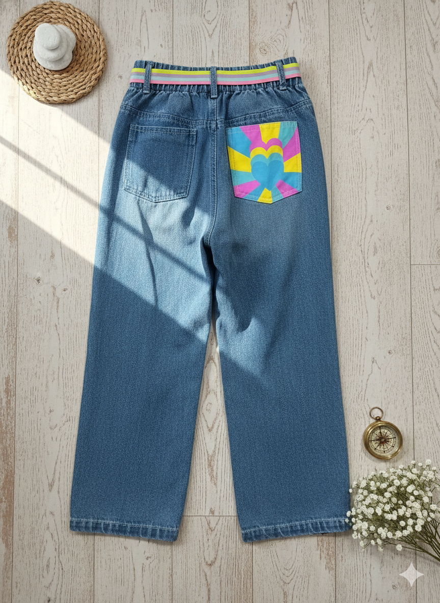Girls Light Blue Butterfly Appliqué Straight Fit Denim Pants