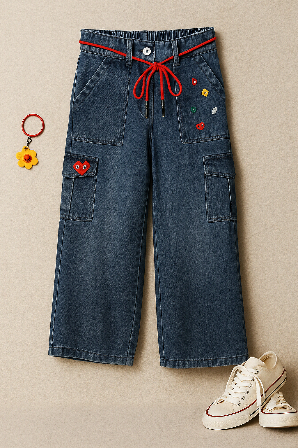 Girls Dark Blue Cargo Pants with Embellished Patch Detail