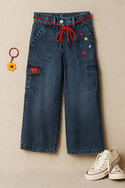 Girls Dark Blue Cargo Pants with Embellished Patch Detail