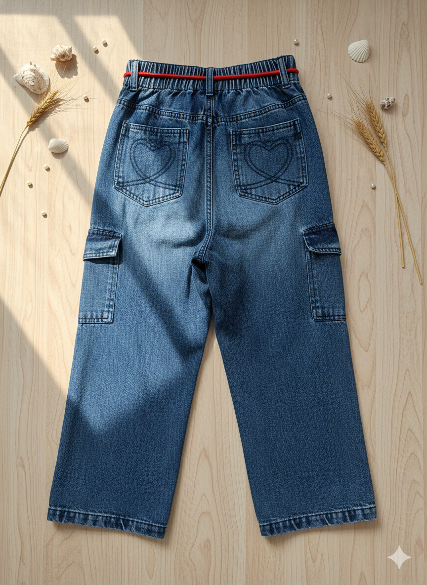 Girls Dark Blue Cargo Pants with Embellished Patch Detail