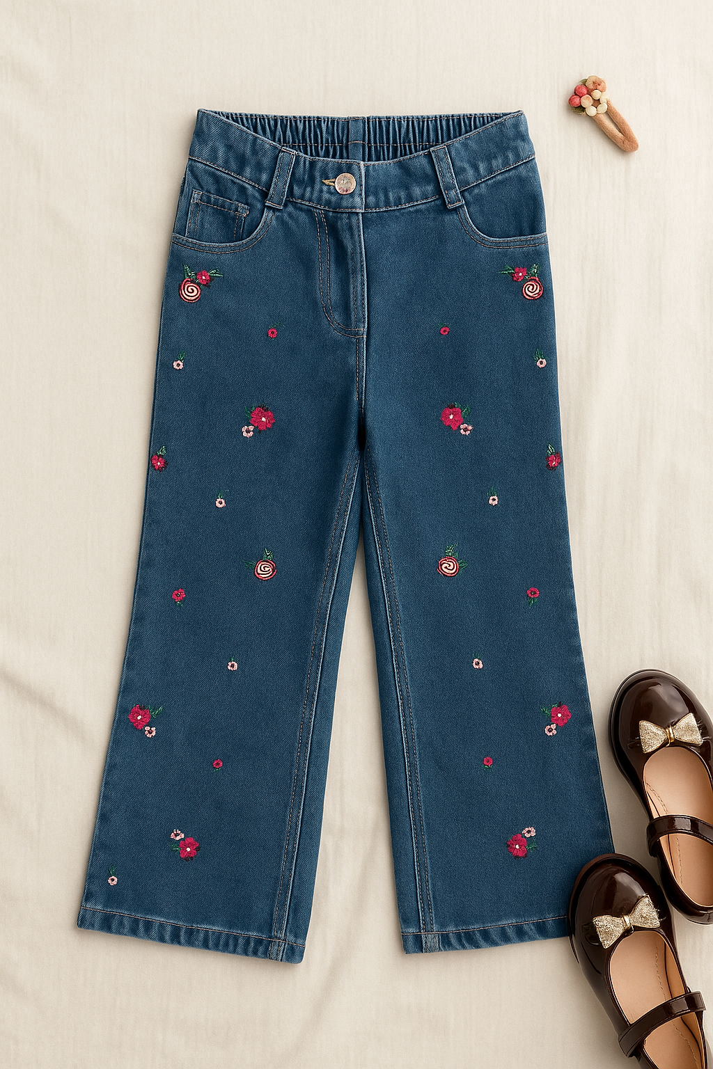 Girls Blue Embroidered Straight Fit Denim Pants