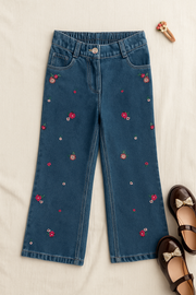 Girls Blue Embroidered Straight Fit Denim Pants