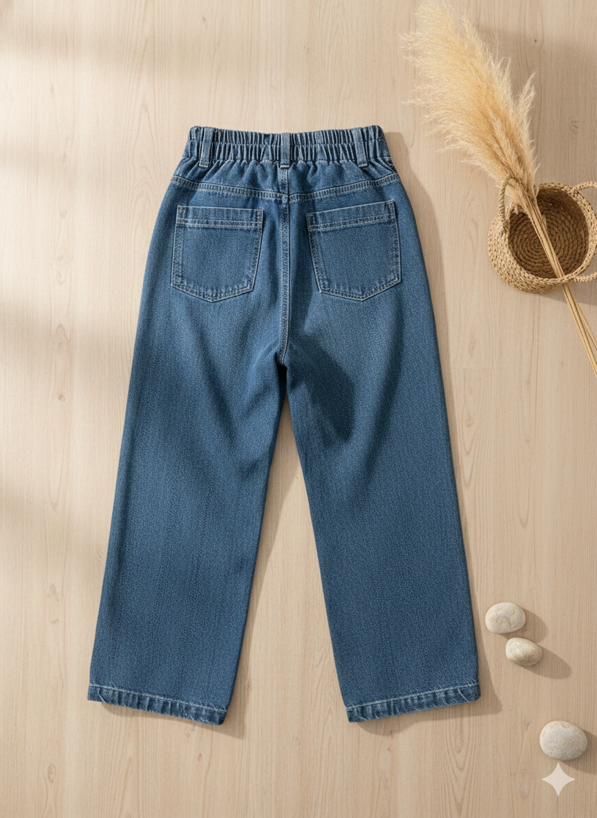 Girls Blue Embroidered Straight Fit Denim Pants