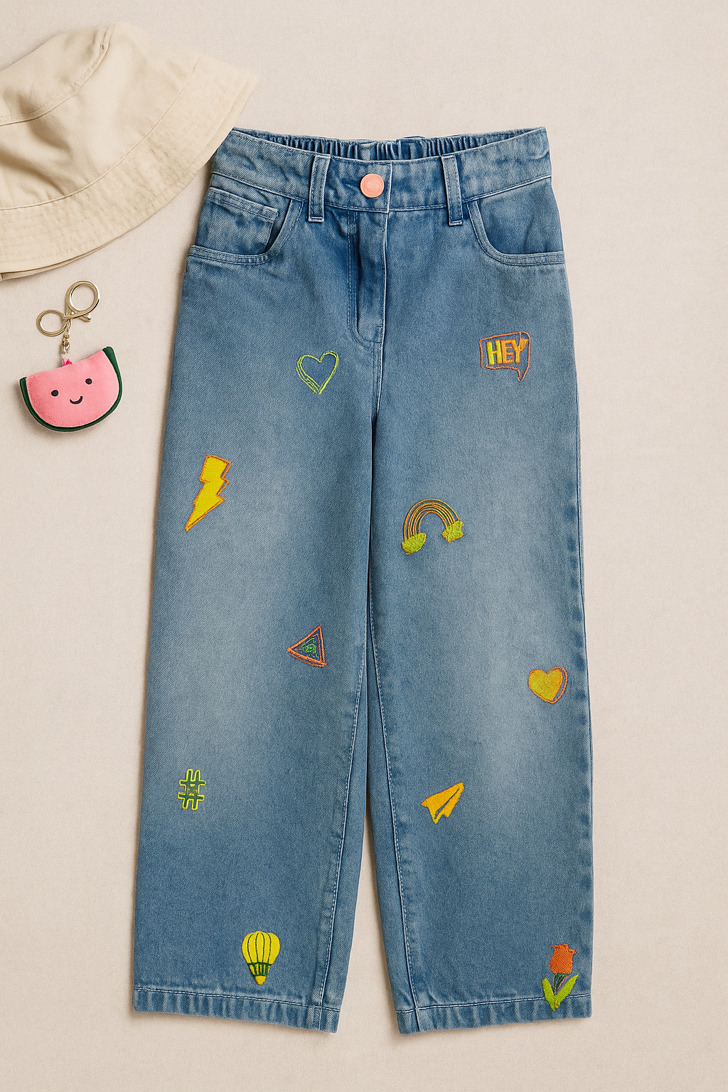 Girls Light Blue Embroidered Straight Fit Full-Length Denim Pants
