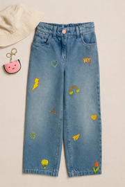 Girls Light Blue Embroidered Straight Fit Full-Length Denim Pants