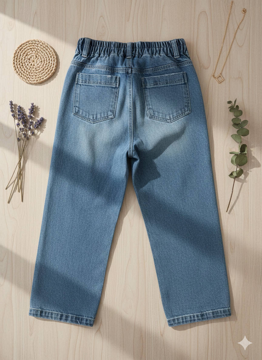 Girls Light Blue Embroidered Straight Fit Full-Length Denim Pants