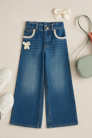 Girls Air Force Blue Patch Detail Flared Denim Pants