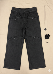 Girls Black Front Pattern Straight Fit Pants
