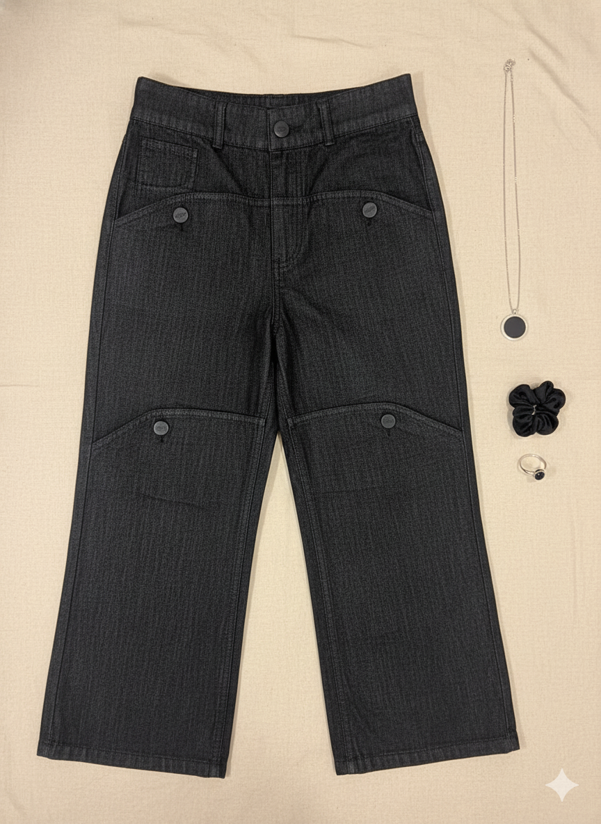 Girls Black Front Pattern Straight Fit Pants
