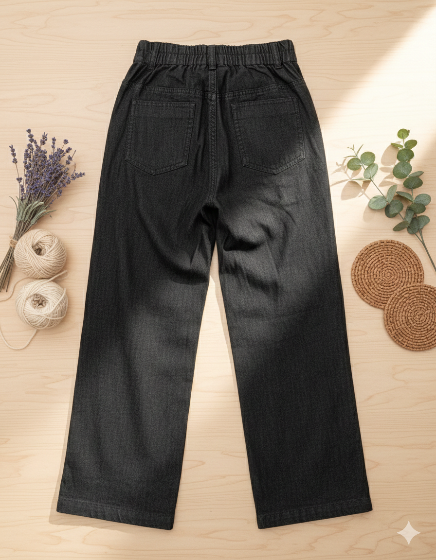 Girls Black Front Pattern Straight Fit Pants