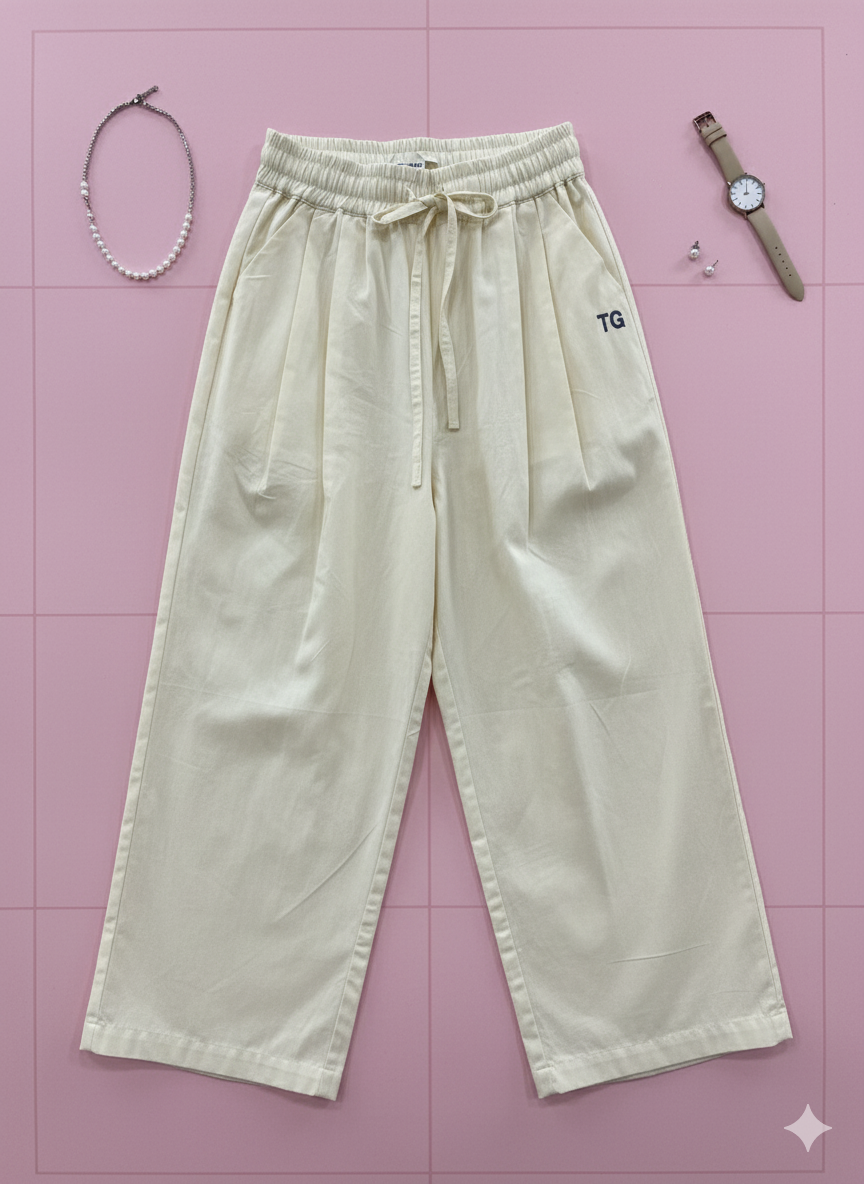 Girls Cream Front Pleated Loose Fit Cotton Pants