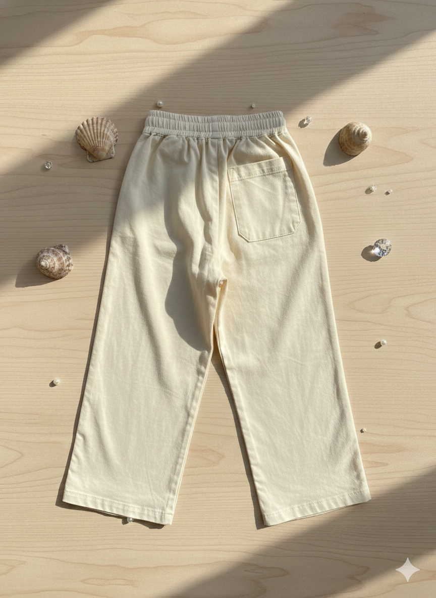 Girls Cream Front Pleated Loose Fit Cotton Pants