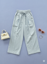 Girls Powder Blue Front Pleated Loose Fit Cotton Pants