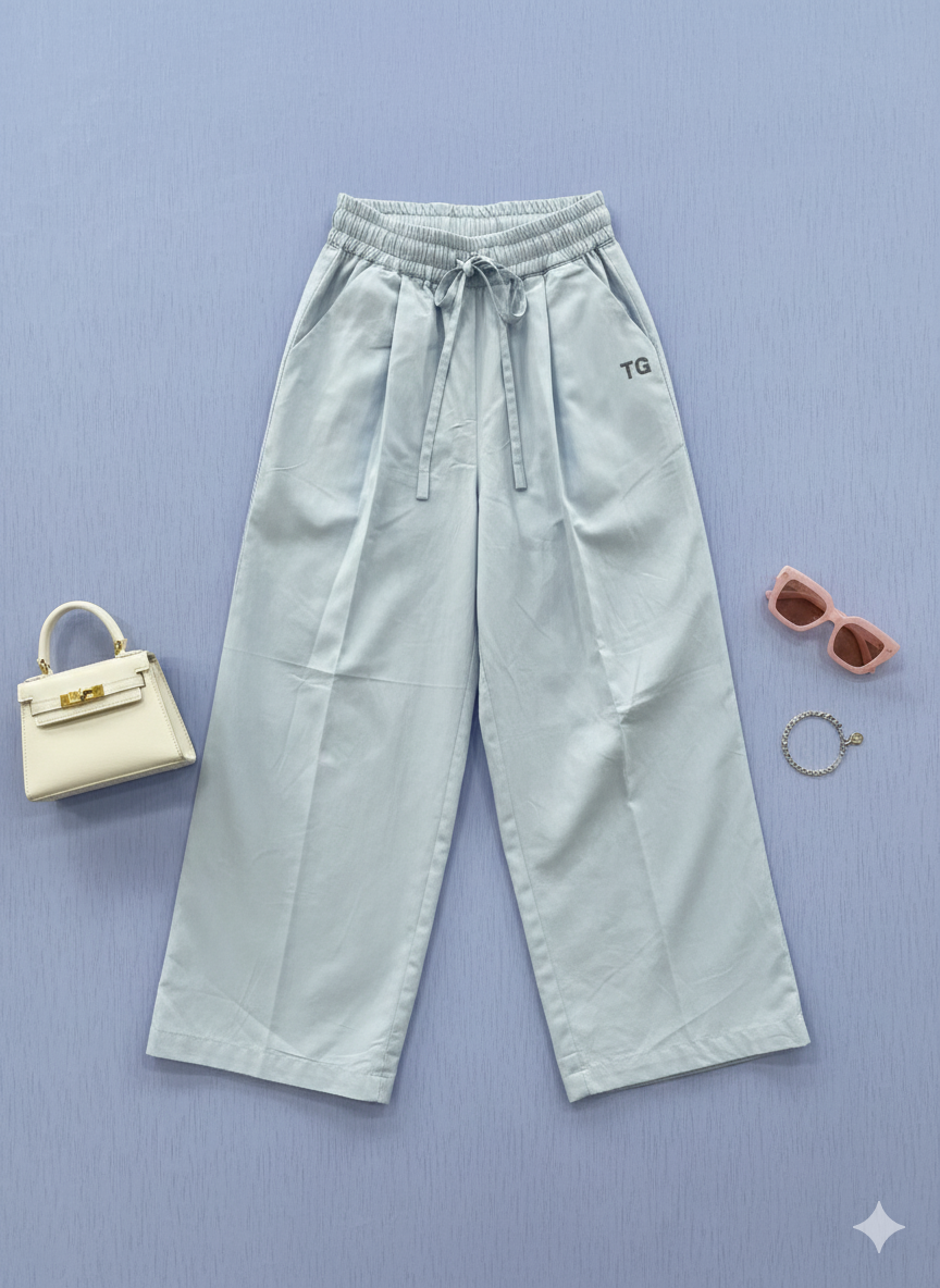 Girls Powder Blue Front Pleated Loose Fit Cotton Pants