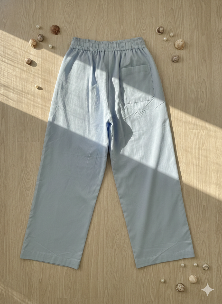 Girls Powder Blue Front Pleated Loose Fit Cotton Pants