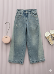 Girls Light Blue Pearl Embellished Denim Pants
