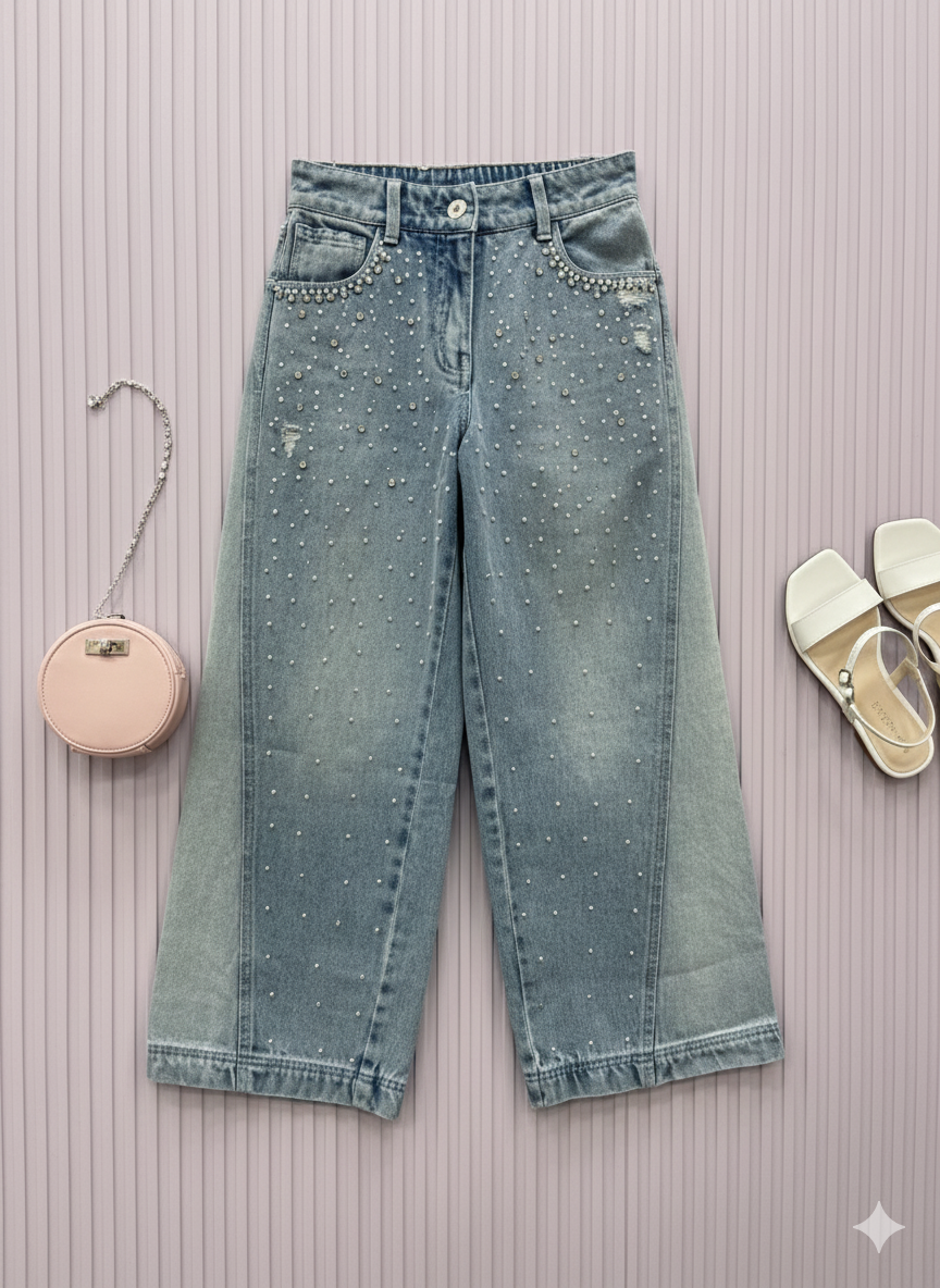 Girls Light Blue Pearl Embellished Denim Pants
